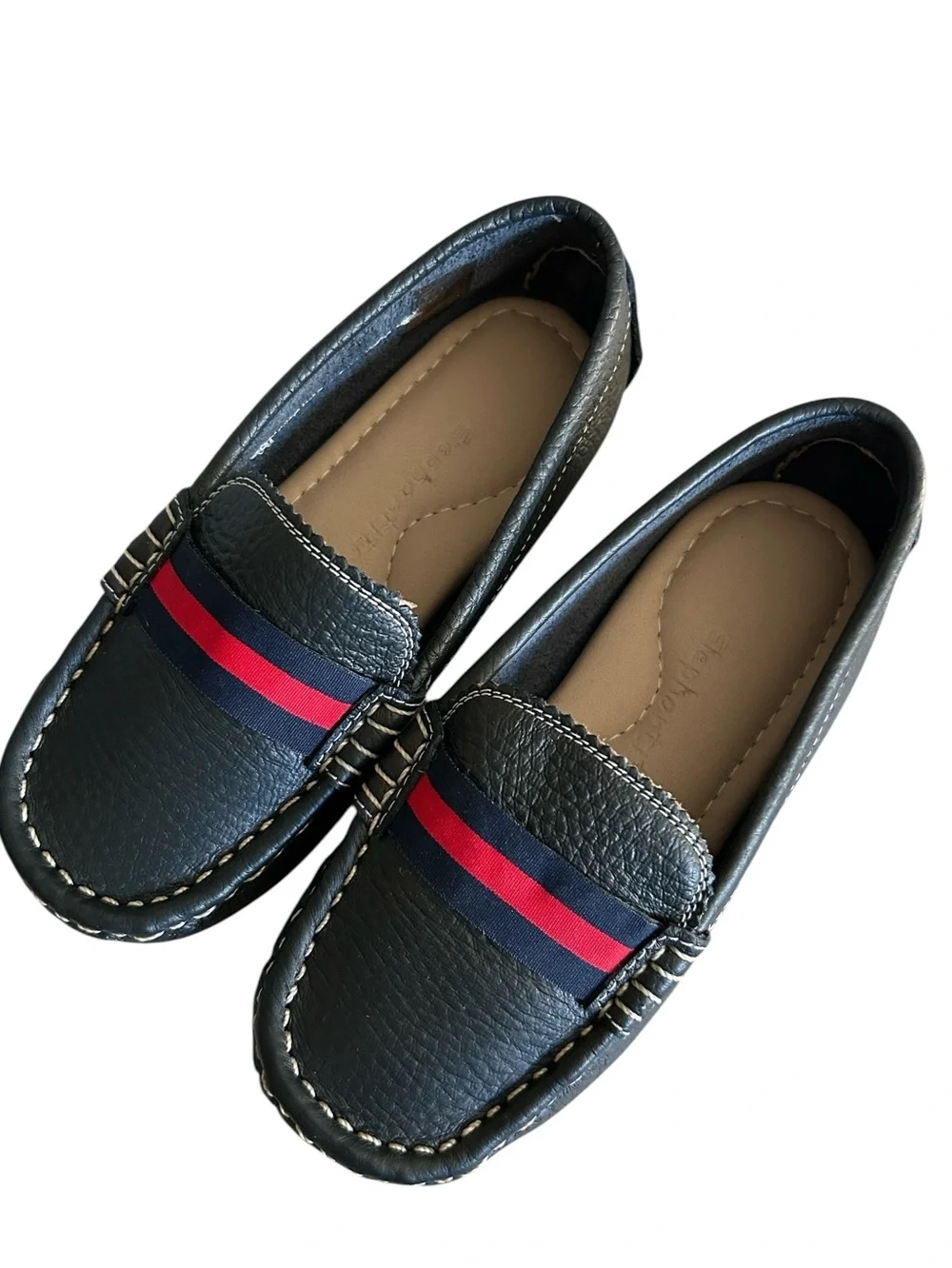 Elephantito Little Boys Navy Leather and Red Striped Club Loafer Size 11.5